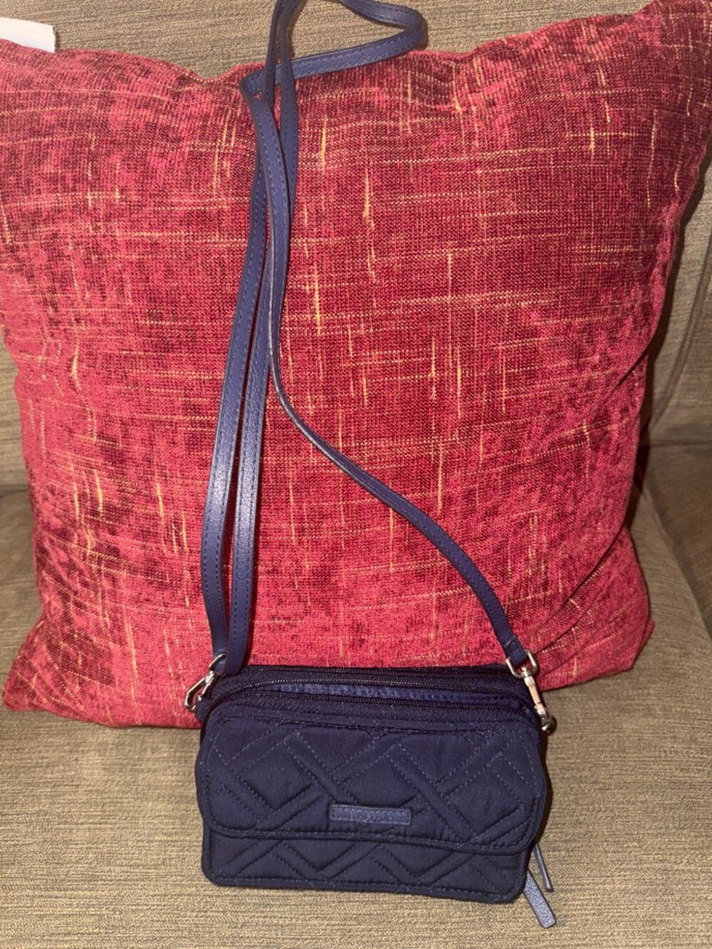 Vera Bradley Crossbody Zip Wallet Blue Quilted Cross Stitch Clutch